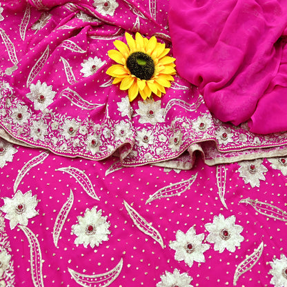 Indian Pre-owned Heavy Sari Rani Pink Pure Georgette Silk Hand Embroidered Sarees Designer Abu Jani 6Yd Sewing Ethnic Sarees