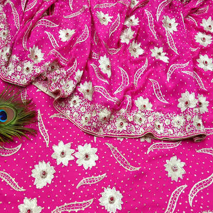 Indian Pre-owned Heavy Sari Rani Pink Pure Georgette Silk Hand Embroidered Sarees Designer Abu Jani 6Yd Sewing Ethnic Sarees