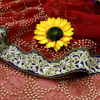 Indian Pre-Owned Sari Red Net/Mesh Hand Embroidered Designer Manish Malhotra Sarees 6Yd Ethnic Zardozi/Dabka Zari Wedding Saree