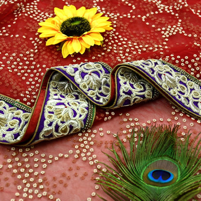 Indian Pre-Owned Sari Red Net/Mesh Hand Embroidered Designer Manish Malhotra Sarees 6Yd Ethnic Zardozi/Dabka Zari Wedding Saree