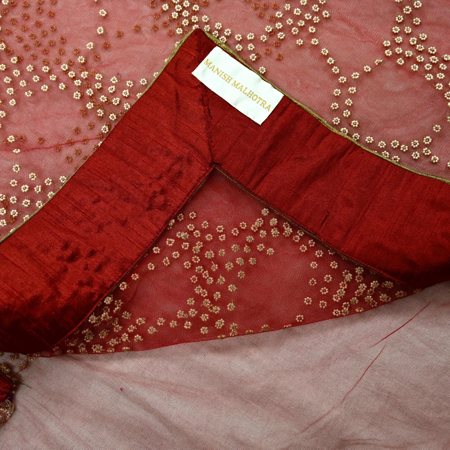 Indian Pre-Owned Sari Red Net/Mesh Hand Embroidered Designer Manish Malhotra Sarees 6Yd Ethnic Zardozi/Dabka Zari Wedding Saree