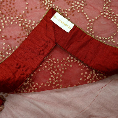 Indian Pre-Owned Sari Red Net/Mesh Hand Embroidered Designer Manish Malhotra Sarees 6Yd Ethnic Zardozi/Dabka Zari Wedding Saree