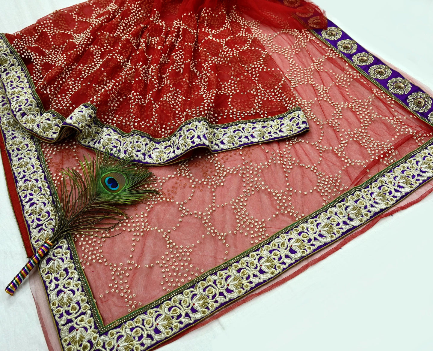 Indian Pre-Owned Sari Red Net/Mesh Hand Embroidered Designer Manish Malhotra Sarees 6Yd Ethnic Zardozi/Dabka Zari Wedding Saree