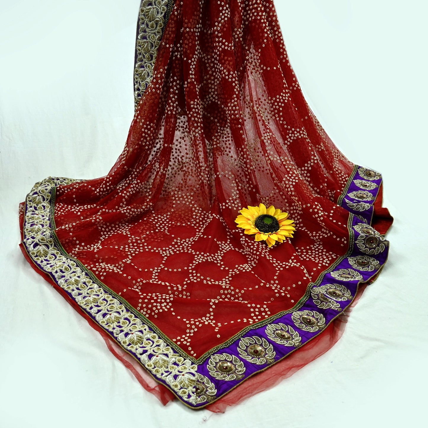 Indian Pre-Owned Sari Red Net/Mesh Hand Embroidered Designer Manish Malhotra Sarees 6Yd Ethnic Zardozi/Dabka Zari Wedding Saree