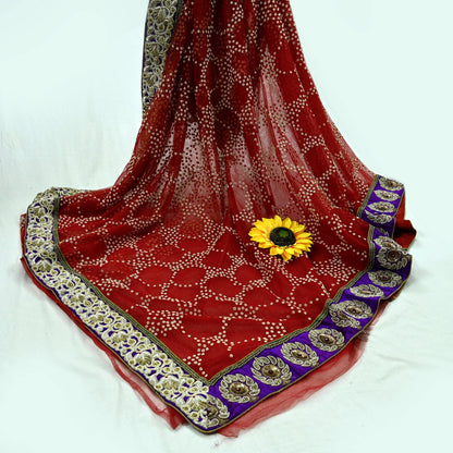 Indian Pre-Owned Sari Red Net/Mesh Hand Embroidered Designer Manish Malhotra Sarees 6Yd Ethnic Zardozi/Dabka Zari Wedding Saree