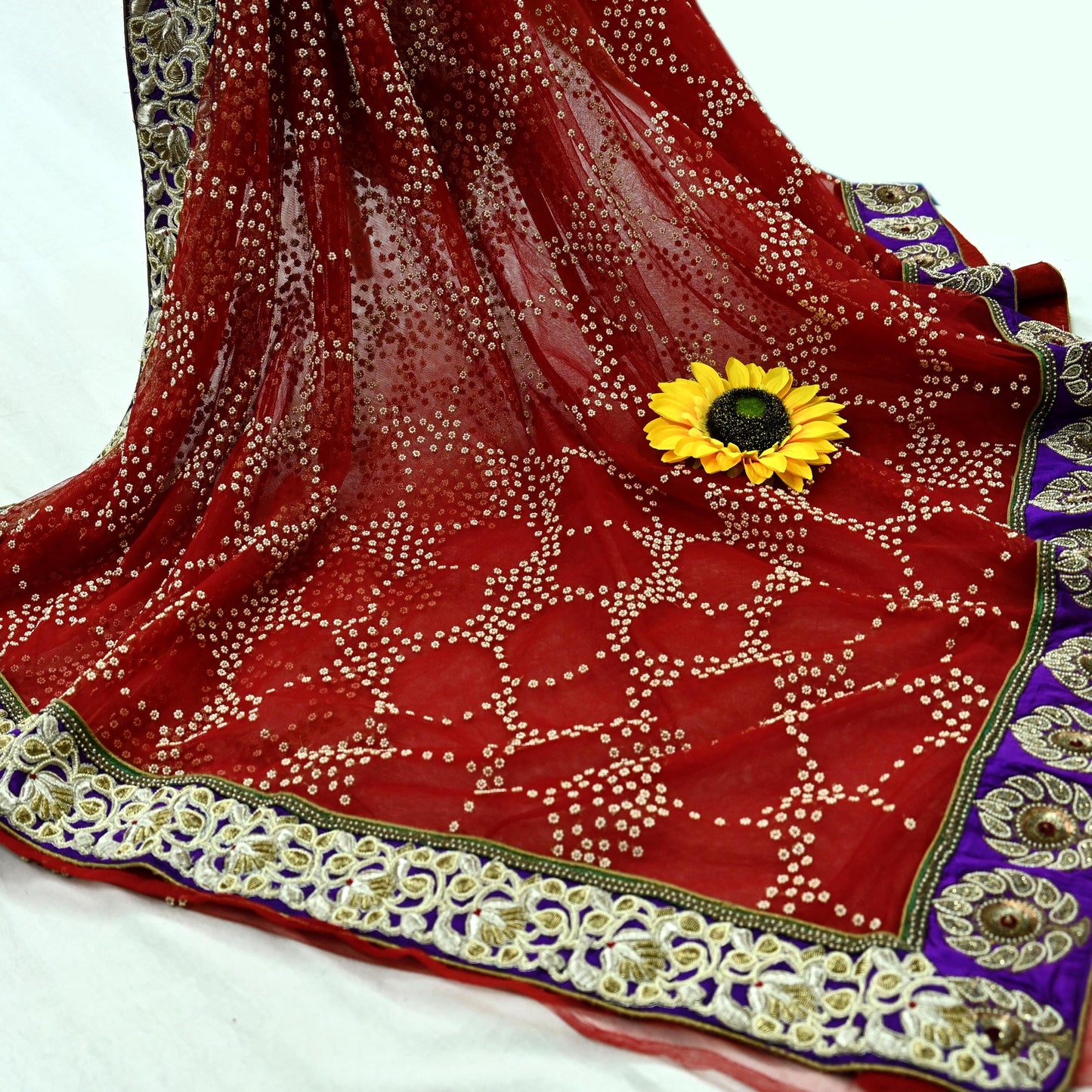 Indian Pre-Owned Sari Red Net/Mesh Hand Embroidered Designer Manish Malhotra Sarees 6Yd Ethnic Zardozi/Dabka Zari Wedding Saree