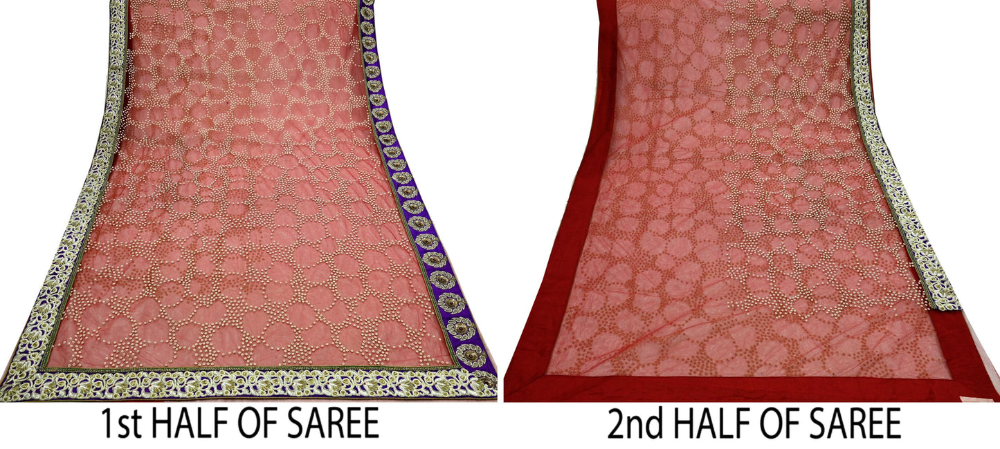 Indian Pre-Owned Sari Red Net/Mesh Hand Embroidered Designer Manish Malhotra Sarees 6Yd Ethnic Zardozi/Dabka Zari Wedding Saree