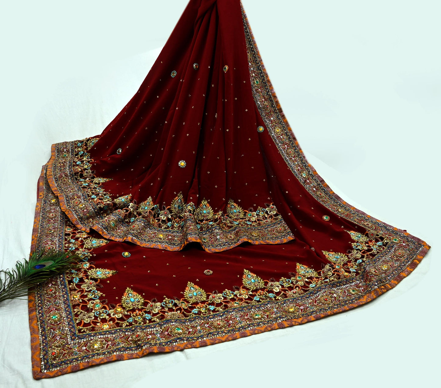 Indian Pre-owned Sari Maroon Pure Georgette Silk Hand Embroidered Anamika Khanna Designer Sarees Ethnic 6Yd Sewing  Zardozi Wedding Sarees