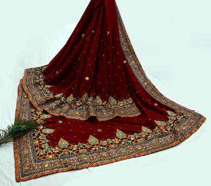 Indian Pre-owned Sari Maroon Pure Georgette Silk Hand Embroidered Anamika Khanna Designer Sarees Ethnic 6Yd Sewing  Zardozi Wedding Sarees