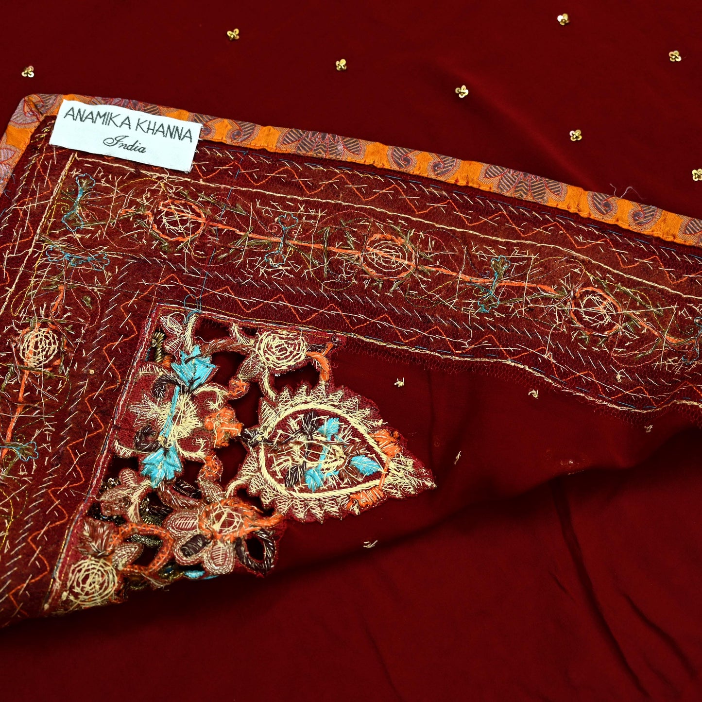 Indian Pre-owned Sari Maroon Pure Georgette Silk Hand Embroidered Anamika Khanna Designer Sarees Ethnic 6Yd Sewing  Zardozi Wedding Sarees
