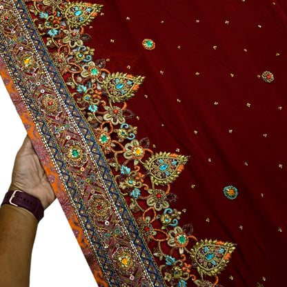 Indian Pre-owned Sari Maroon Pure Georgette Silk Hand Embroidered Anamika Khanna Designer Sarees Ethnic 6Yd Sewing  Zardozi Wedding Sarees