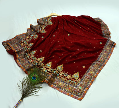 Indian Pre-owned Sari Maroon Pure Georgette Silk Hand Embroidered Anamika Khanna Designer Sarees Ethnic 6Yd Sewing  Zardozi Wedding Sarees