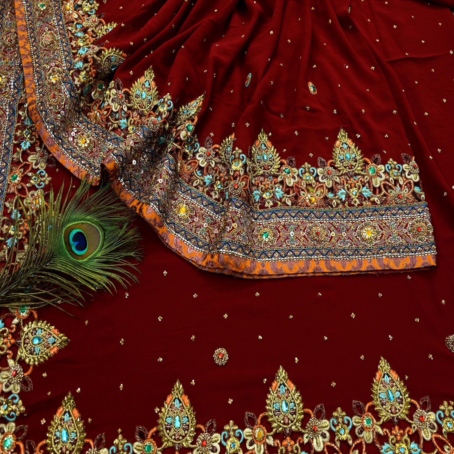 Indian Pre-owned Sari Maroon Pure Georgette Silk Hand Embroidered Anamika Khanna Designer Sarees Ethnic 6Yd Sewing  Zardozi Wedding Sarees