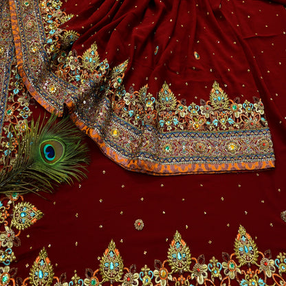 Indian Pre-owned Sari Maroon Pure Georgette Silk Hand Embroidered Anamika Khanna Designer Sarees Ethnic 6Yd Sewing  Zardozi Wedding Sarees