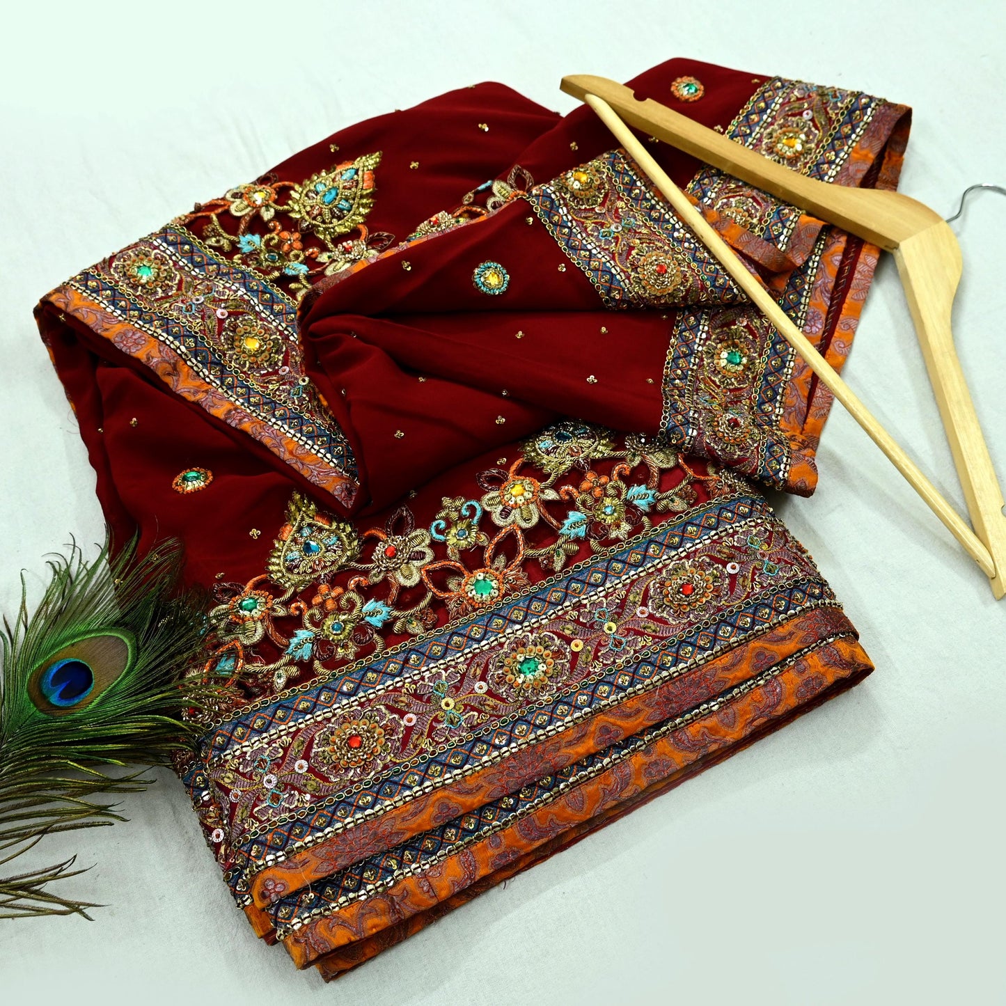 Indian Pre-owned Sari Maroon Pure Georgette Silk Hand Embroidered Anamika Khanna Designer Sarees Ethnic 6Yd Sewing  Zardozi Wedding Sarees