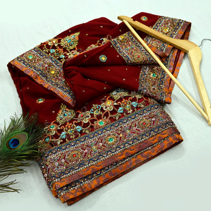 Indian Pre-owned Sari Maroon Pure Georgette Silk Hand Embroidered Anamika Khanna Designer Sarees Ethnic 6Yd Sewing  Zardozi Wedding Sarees