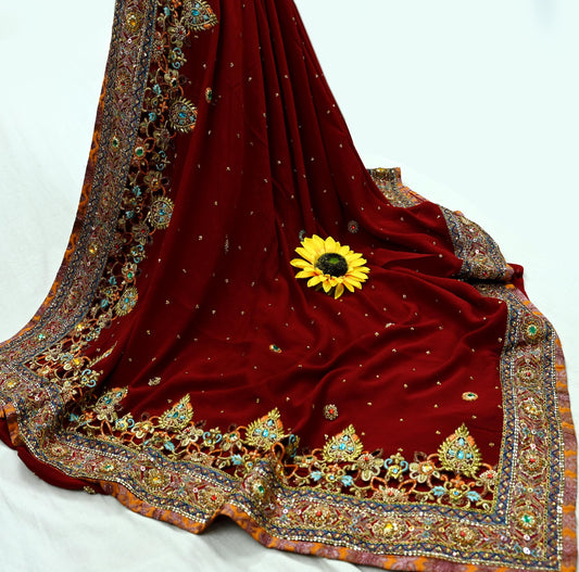 Indian Pre-owned Sari Maroon Pure Georgette Silk Hand Embroidered Anamika Khanna Designer Sarees Ethnic 6Yd Sewing  Zardozi Wedding Sarees