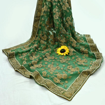 Indian Pre-Owned Sari Green Net/Mesh Hand Embroidered Designer Manish Malhotra Sarees 6Yd Ethnic Zardozi/Dabka Zari Wedding Saree