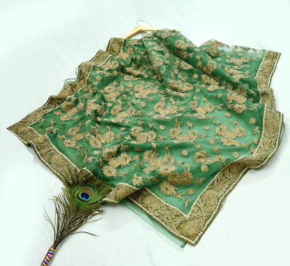Indian Pre-Owned Sari Green Net/Mesh Hand Embroidered Designer Manish Malhotra Sarees 6Yd Ethnic Zardozi/Dabka Zari Wedding Saree