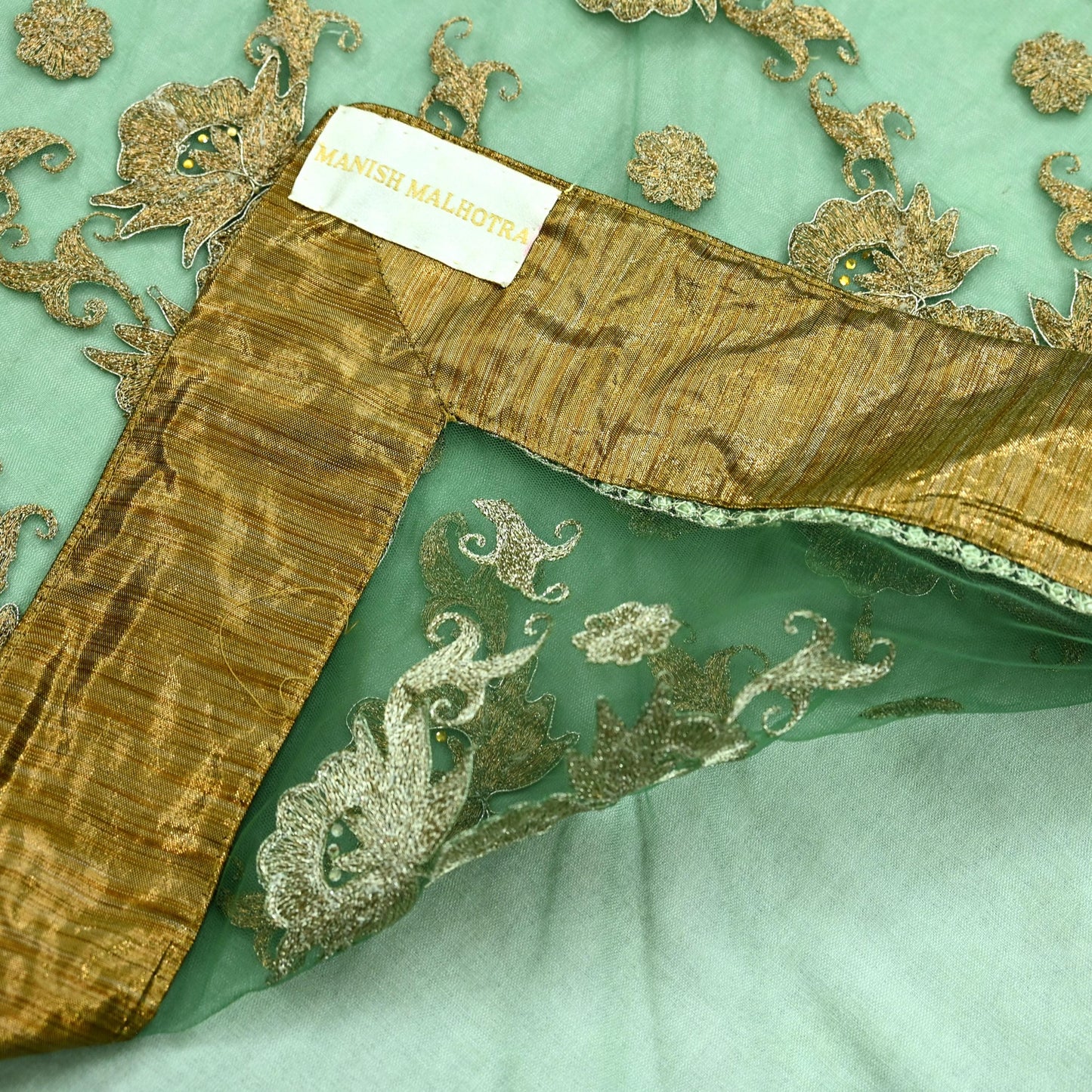 Indian Pre-Owned Sari Green Net/Mesh Hand Embroidered Designer Manish Malhotra Sarees 6Yd Ethnic Zardozi/Dabka Zari Wedding Saree