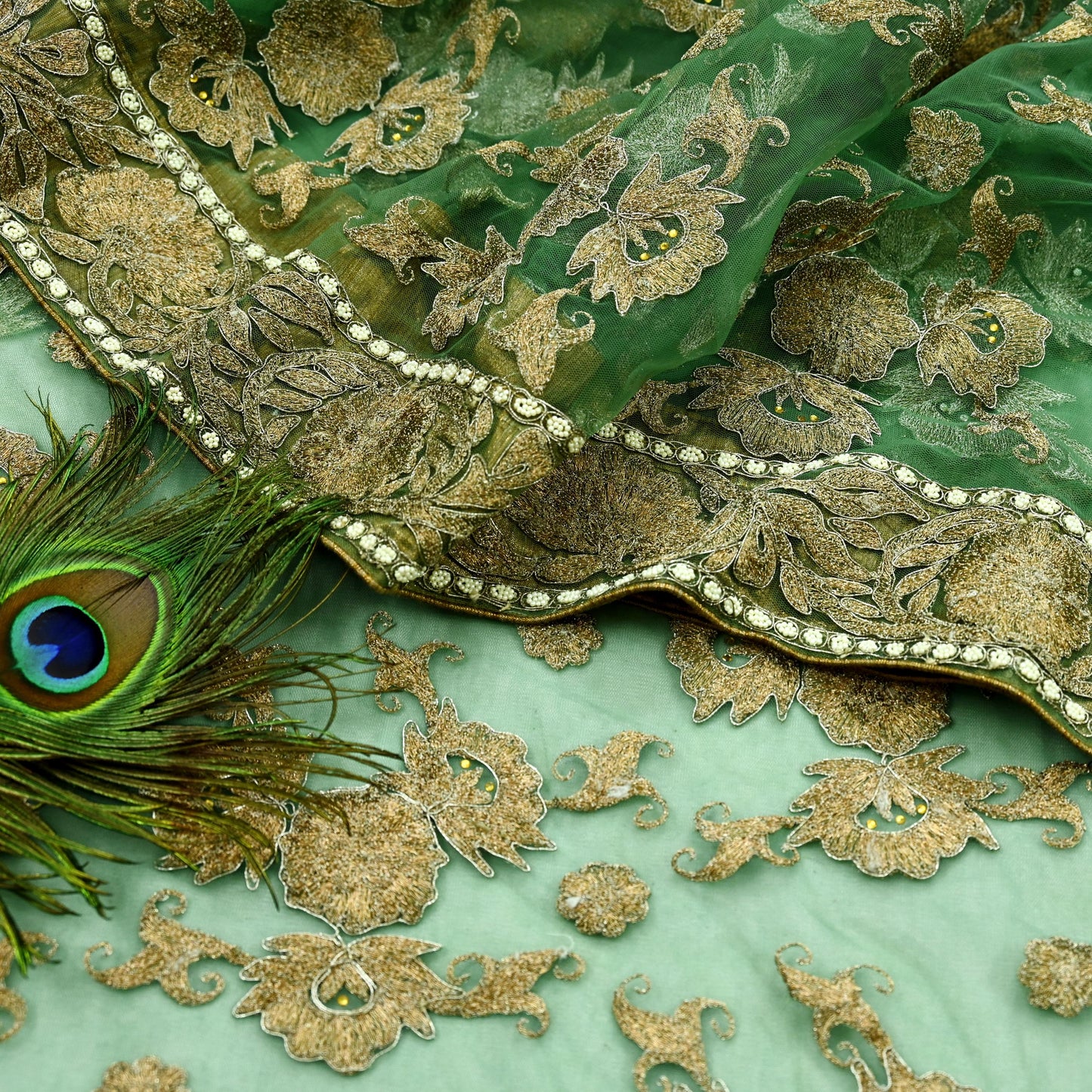 Indian Pre-Owned Sari Green Net/Mesh Hand Embroidered Designer Manish Malhotra Sarees 6Yd Ethnic Zardozi/Dabka Zari Wedding Saree