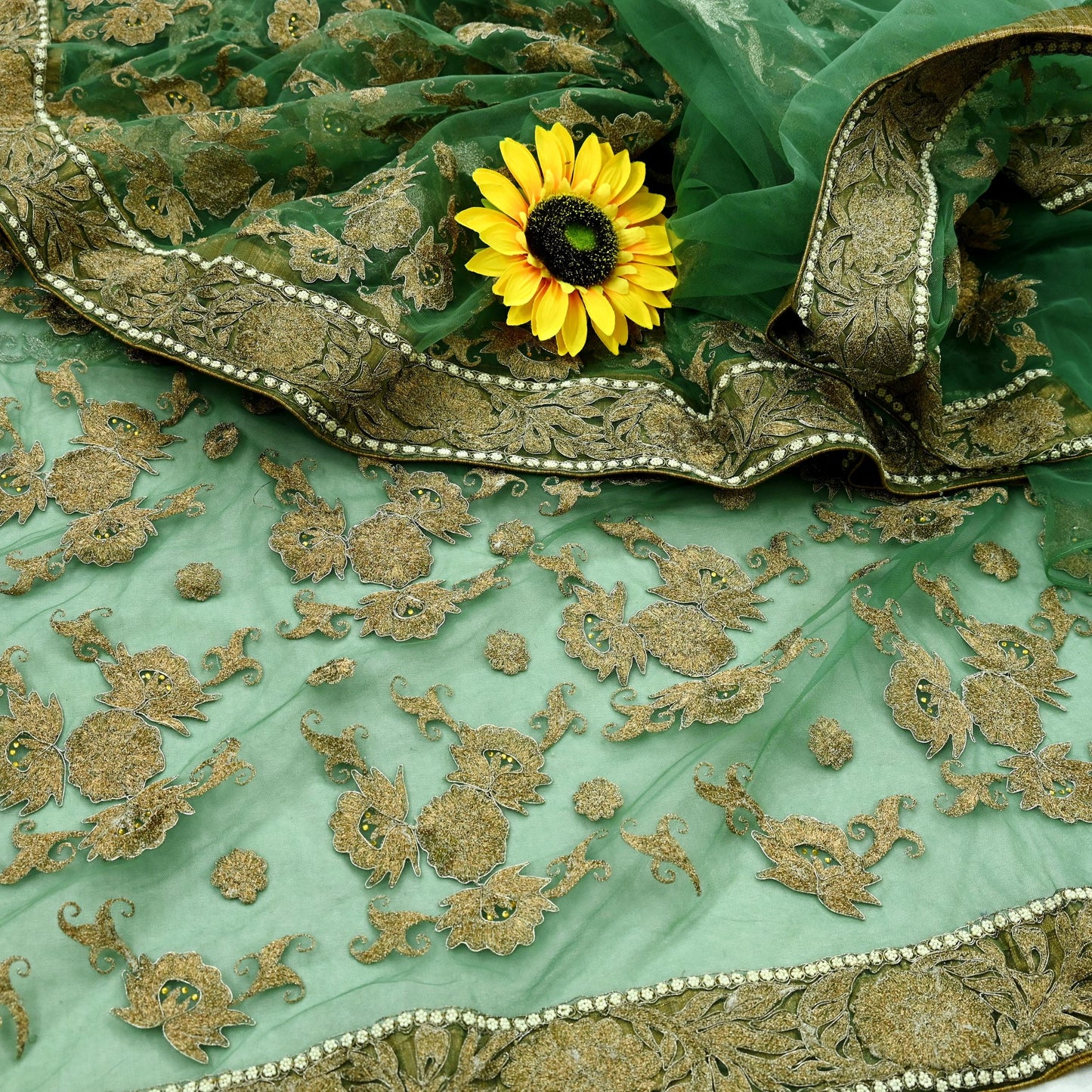 Indian Pre-Owned Sari Green Net/Mesh Hand Embroidered Designer Manish Malhotra Sarees 6Yd Ethnic Zardozi/Dabka Zari Wedding Saree