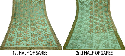 Indian Pre-Owned Sari Green Net/Mesh Hand Embroidered Designer Manish Malhotra Sarees 6Yd Ethnic Zardozi/Dabka Zari Wedding Saree