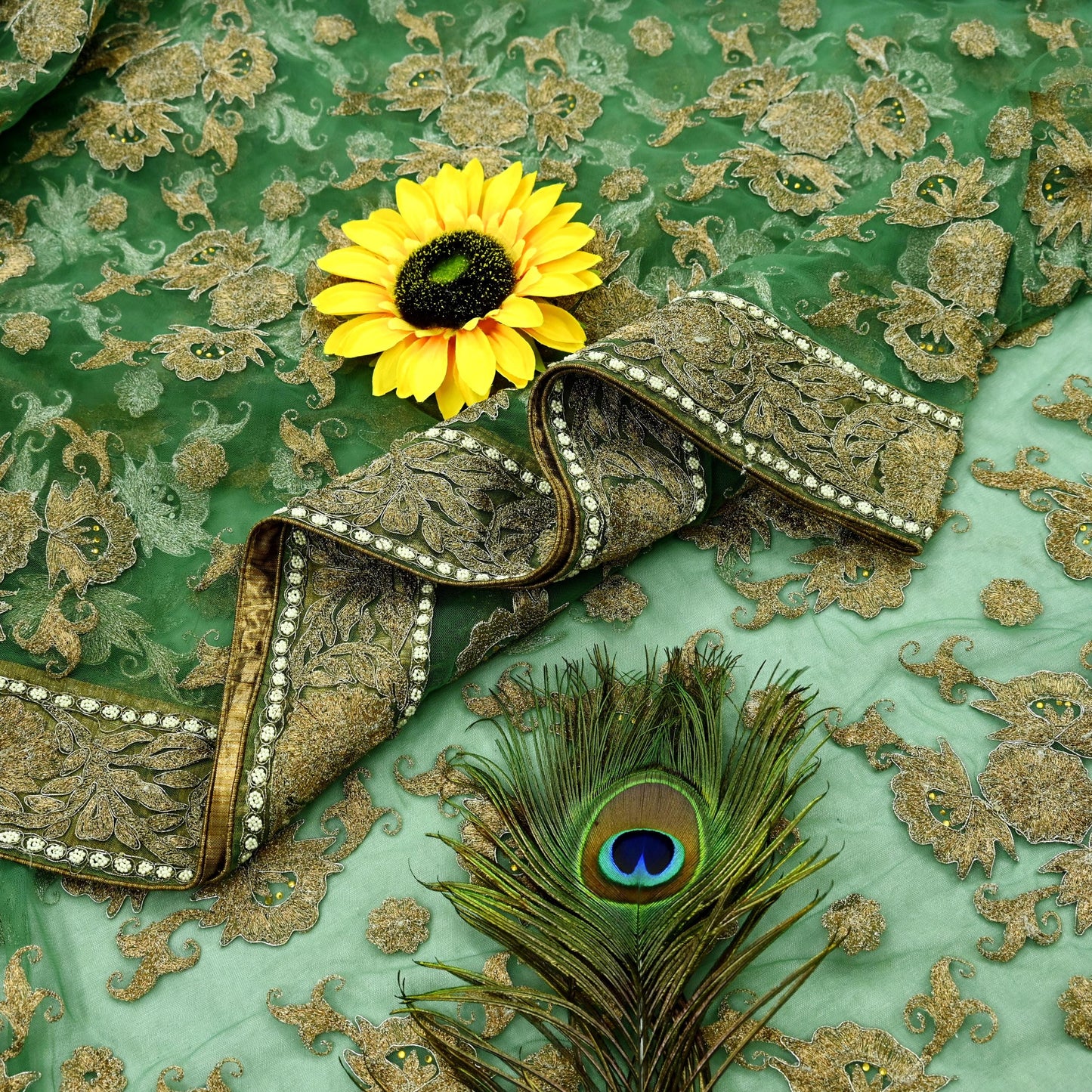 Indian Pre-Owned Sari Green Net/Mesh Hand Embroidered Designer Manish Malhotra Sarees 6Yd Ethnic Zardozi/Dabka Zari Wedding Saree