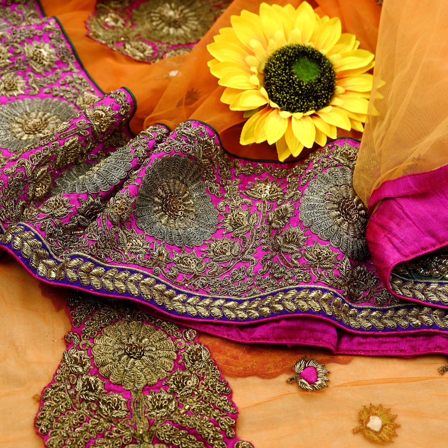 Indian Pre-owned Saree Orange Mesh/Net Hand Embroidered Sabyasachi Designer Sari 6Yd Soft Ethnic Bollywood Party saree