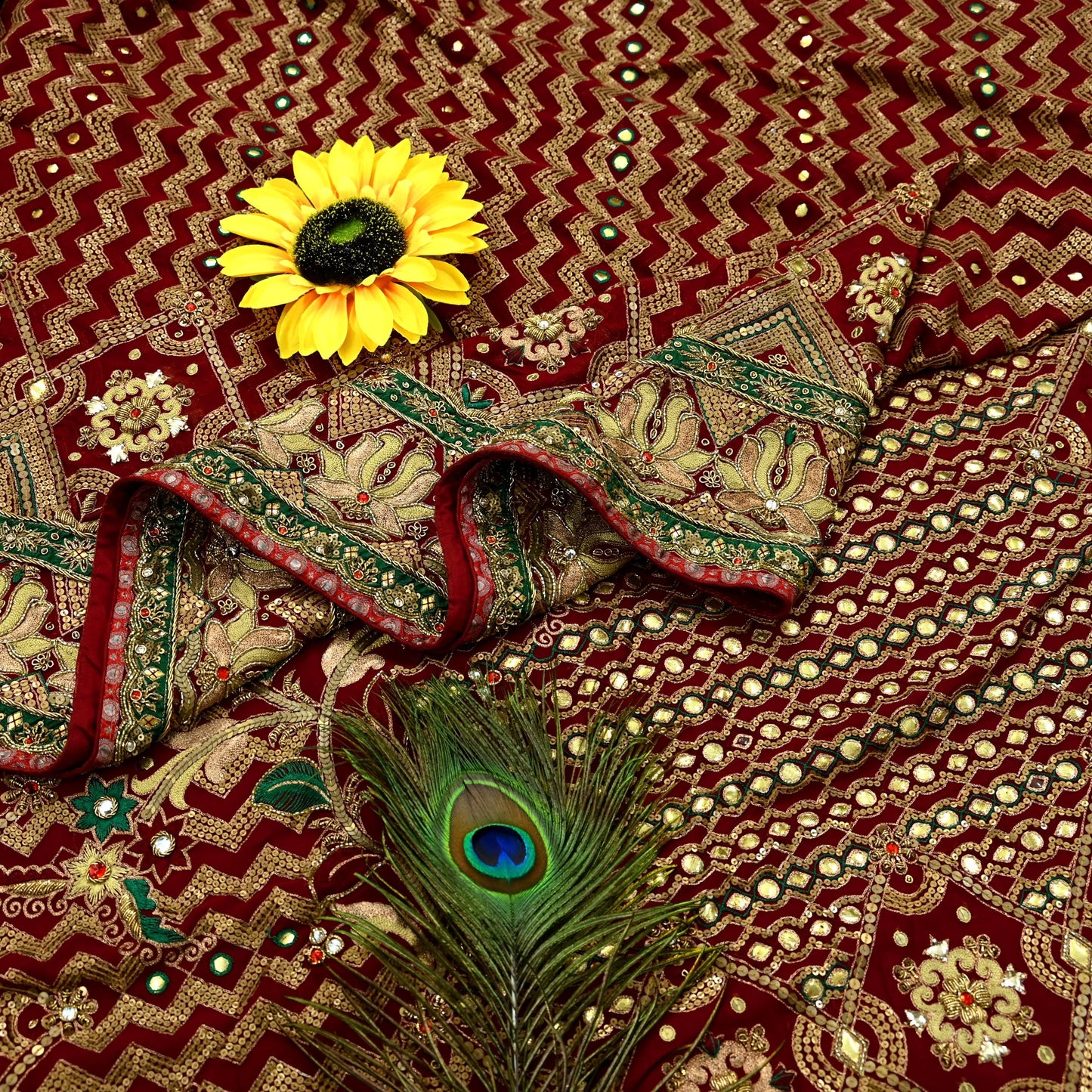 Indian Pre-owned Sari Maroon Pure Georgette Silk Hand Embroidered Anamika Khanna Designer Sarees Ethnic 6Yd Sewing  Zardozi Wedding Sarees