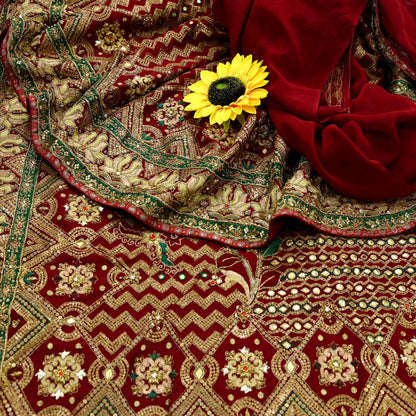 Indian Pre-owned Sari Maroon Pure Georgette Silk Hand Embroidered Anamika Khanna Designer Sarees Ethnic 6Yd Sewing  Zardozi Wedding Sarees