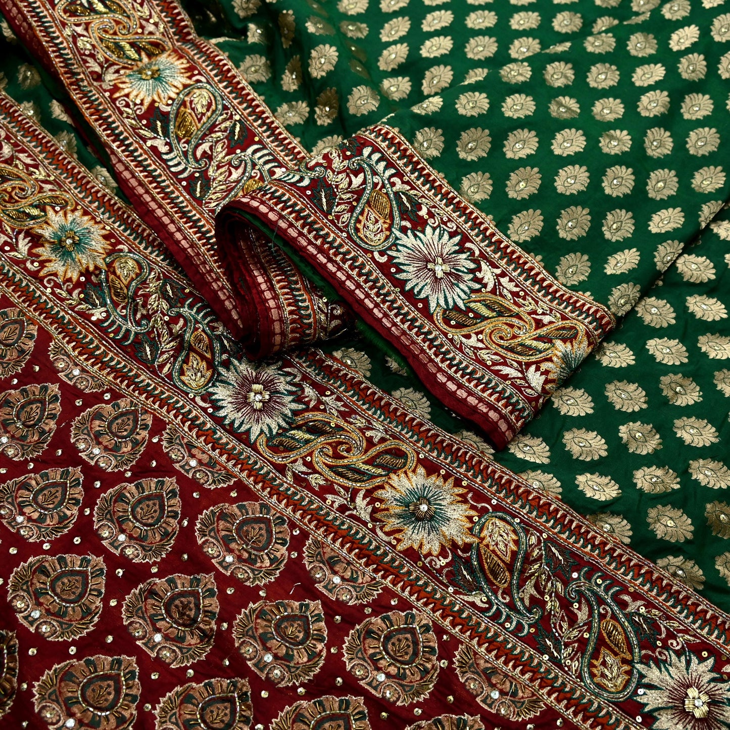 Indian Pre-owned Sari Maroon & Green Pure Silk Hand Embroidered Anamika Khanna Designer Sarees Ethnic 5Yd Sewing  Zardozi Wedding Sarees