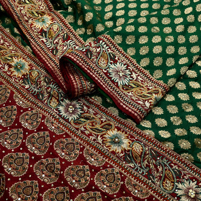Indian Pre-owned Sari Maroon & Green Pure Silk Hand Embroidered Anamika Khanna Designer Sarees Ethnic 5Yd Sewing  Zardozi Wedding Sarees