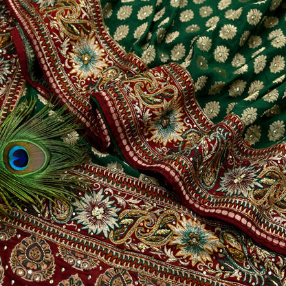 Indian Pre-owned Sari Maroon & Green Pure Silk Hand Embroidered Anamika Khanna Designer Sarees Ethnic 5Yd Sewing  Zardozi Wedding Sarees