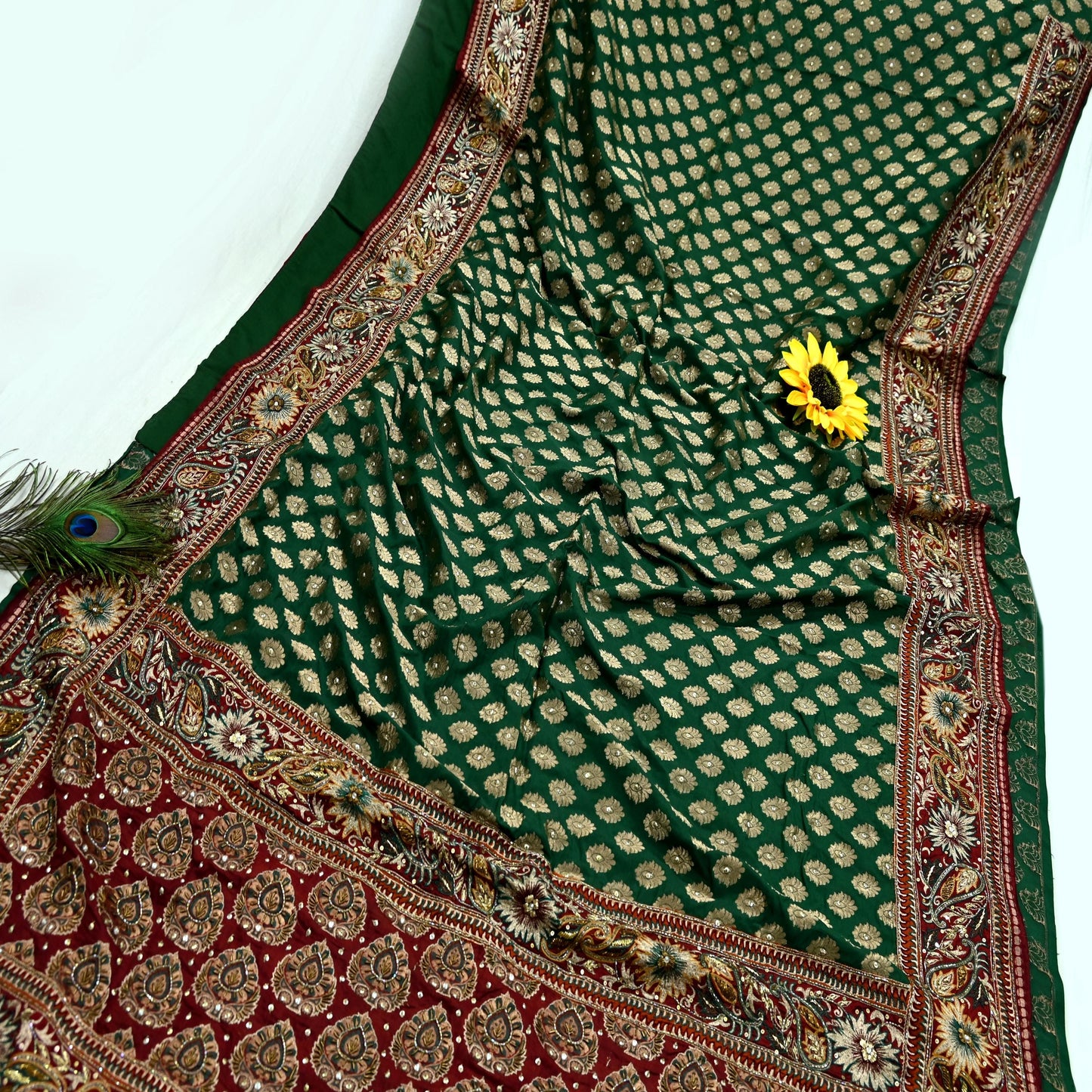 Indian Pre-owned Sari Maroon & Green Pure Silk Hand Embroidered Anamika Khanna Designer Sarees Ethnic 5Yd Sewing  Zardozi Wedding Sarees