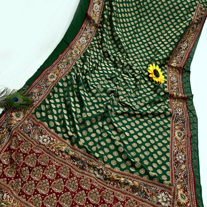 Indian Pre-owned Sari Maroon & Green Pure Silk Hand Embroidered Anamika Khanna Designer Sarees Ethnic 5Yd Sewing  Zardozi Wedding Sarees