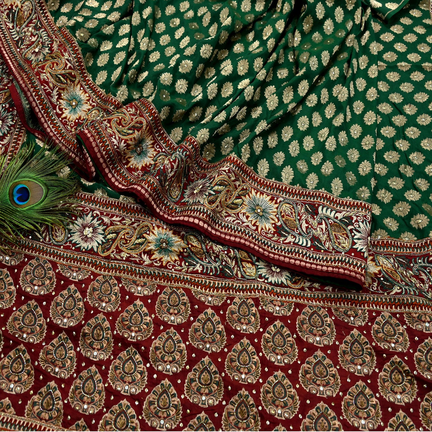 Indian Pre-owned Sari Maroon & Green Pure Silk Hand Embroidered Anamika Khanna Designer Sarees Ethnic 5Yd Sewing  Zardozi Wedding Sarees