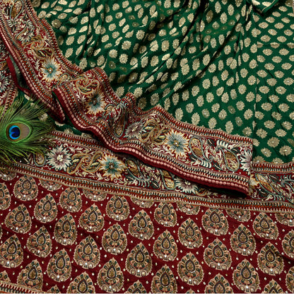 Indian Pre-owned Sari Maroon & Green Pure Silk Hand Embroidered Anamika Khanna Designer Sarees Ethnic 5Yd Sewing  Zardozi Wedding Sarees