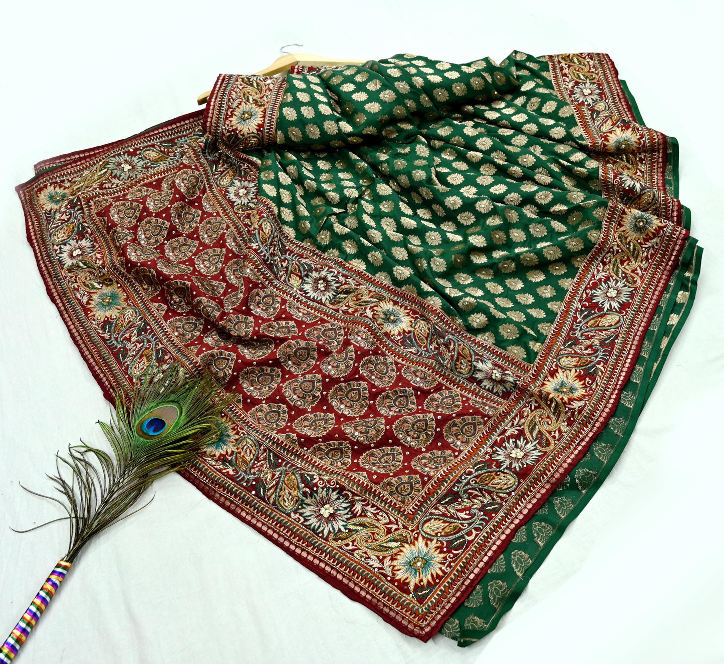 Indian Pre-owned Sari Maroon & Green Pure Silk Hand Embroidered Anamika Khanna Designer Sarees Ethnic 5Yd Sewing  Zardozi Wedding Sarees