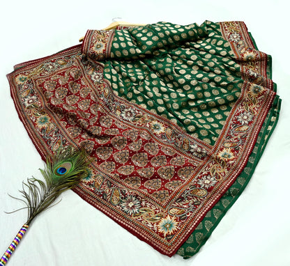 Indian Pre-owned Sari Maroon & Green Pure Silk Hand Embroidered Anamika Khanna Designer Sarees Ethnic 5Yd Sewing  Zardozi Wedding Sarees