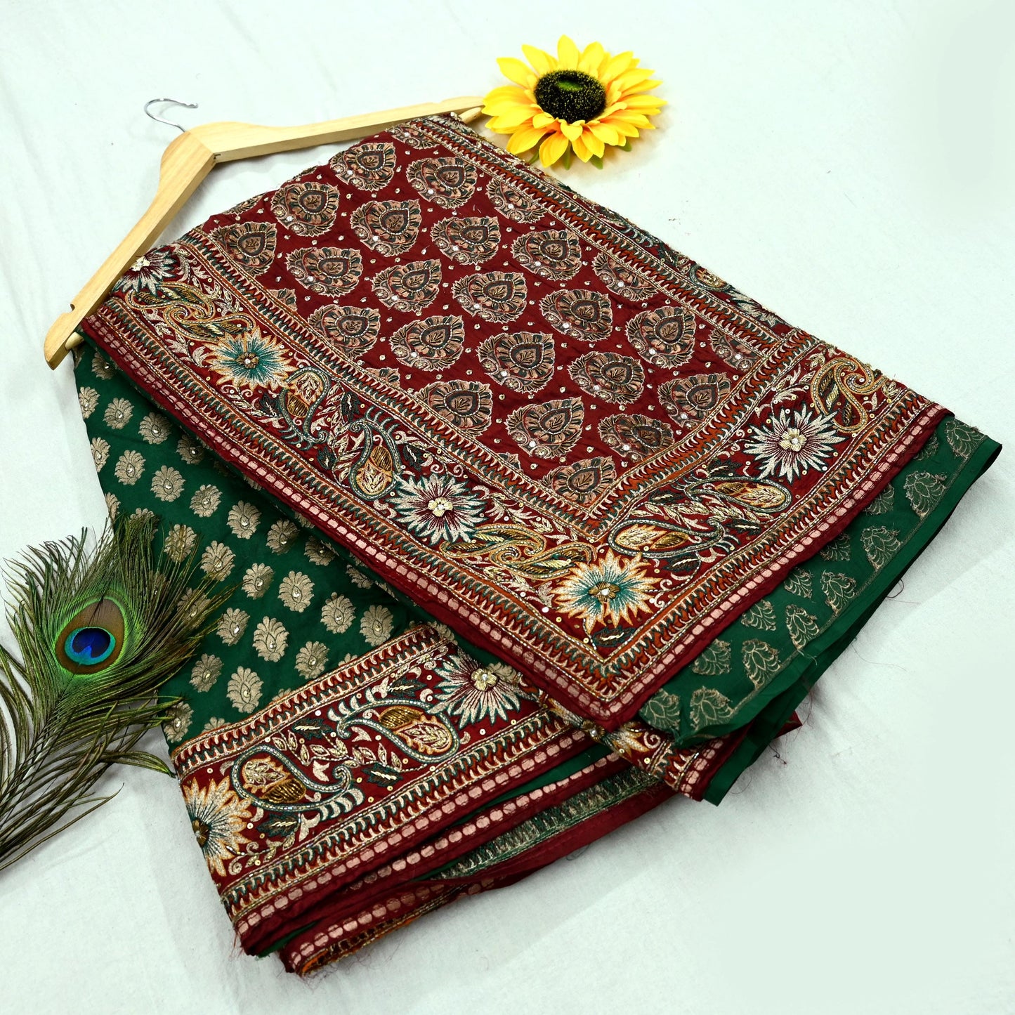 Indian Pre-owned Sari Maroon & Green Pure Silk Hand Embroidered Anamika Khanna Designer Sarees Ethnic 5Yd Sewing  Zardozi Wedding Sarees