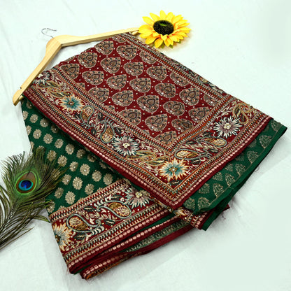 Indian Pre-owned Sari Maroon & Green Pure Silk Hand Embroidered Anamika Khanna Designer Sarees Ethnic 5Yd Sewing  Zardozi Wedding Sarees