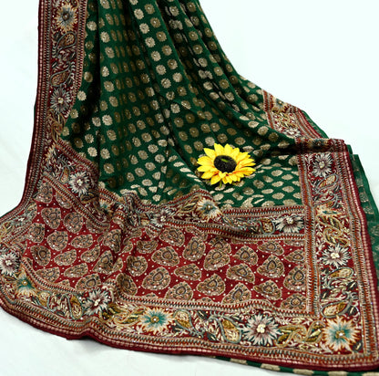 Indian Pre-owned Sari Maroon & Green Pure Silk Hand Embroidered Anamika Khanna Designer Sarees Ethnic 5Yd Sewing  Zardozi Wedding Sarees