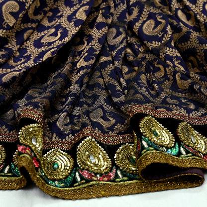 Indian Pre-Owned Sari Purple & Green Net/Mesh Hand Embroidered Brocade Designer Manish Malhotra Lehenga Sarees Ethnic Zardozi Peacock