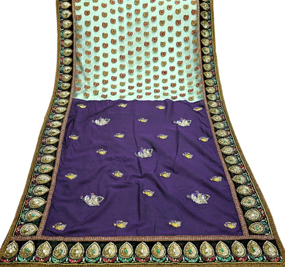 Indian Pre-Owned Sari Purple & Green Net/Mesh Hand Embroidered Brocade Designer Manish Malhotra Lehenga Sarees Ethnic Zardozi Peacock