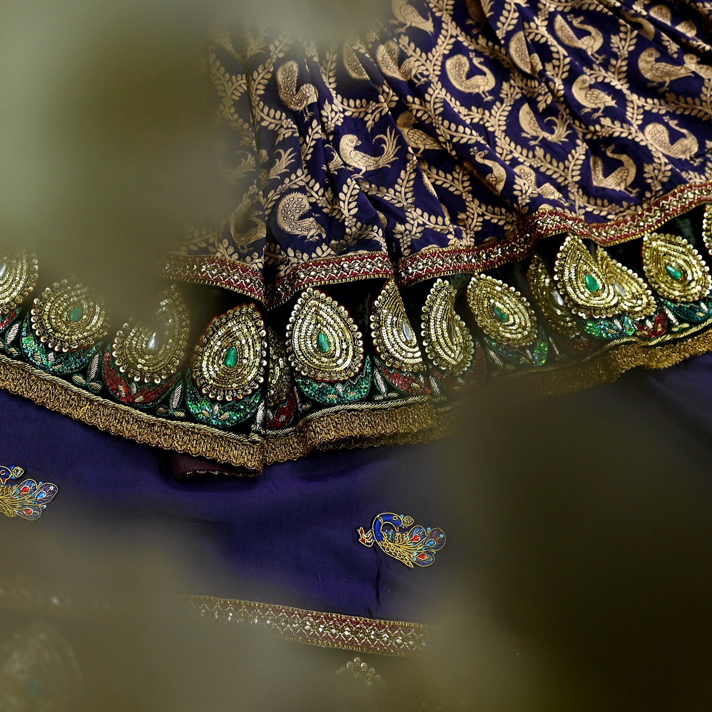 Indian Pre-Owned Sari Purple & Green Net/Mesh Hand Embroidered Brocade Designer Manish Malhotra Lehenga Sarees Ethnic Zardozi Peacock