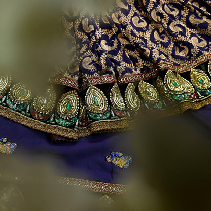 Indian Pre-Owned Sari Purple & Green Net/Mesh Hand Embroidered Brocade Designer Manish Malhotra Lehenga Sarees Ethnic Zardozi Peacock