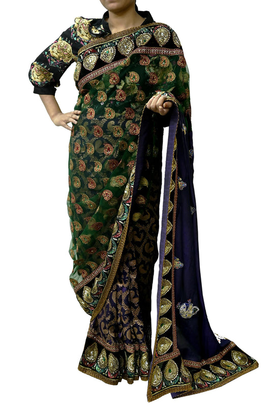Indian Pre-Owned Sari Purple & Green Net/Mesh Hand Embroidered Brocade Designer Manish Malhotra Lehenga Sarees Ethnic Zardozi Peacock