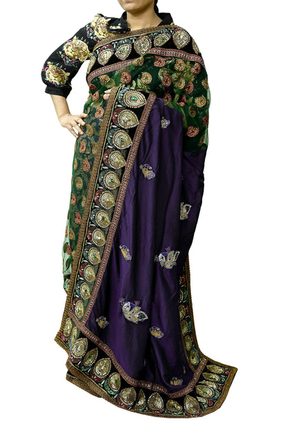Indian Pre-Owned Sari Purple & Green Net/Mesh Hand Embroidered Brocade Designer Manish Malhotra Lehenga Sarees Ethnic Zardozi Peacock