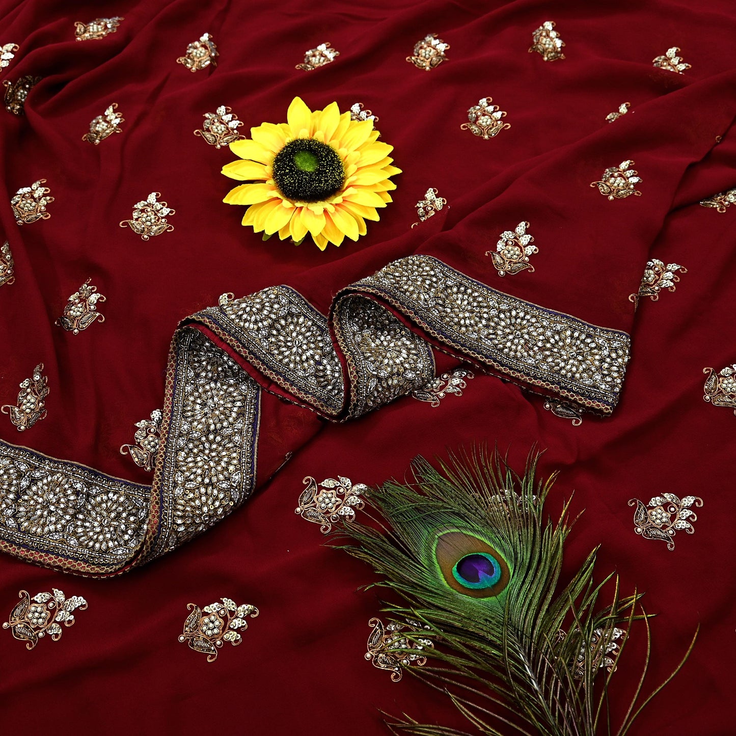 Indian Heavy Sari Maroon Pure Georgette Silk Hand Embroidered Sarees Designer Sabyasachi 6Yd Sewing Ethnic Bollywood party wear saree Dabka